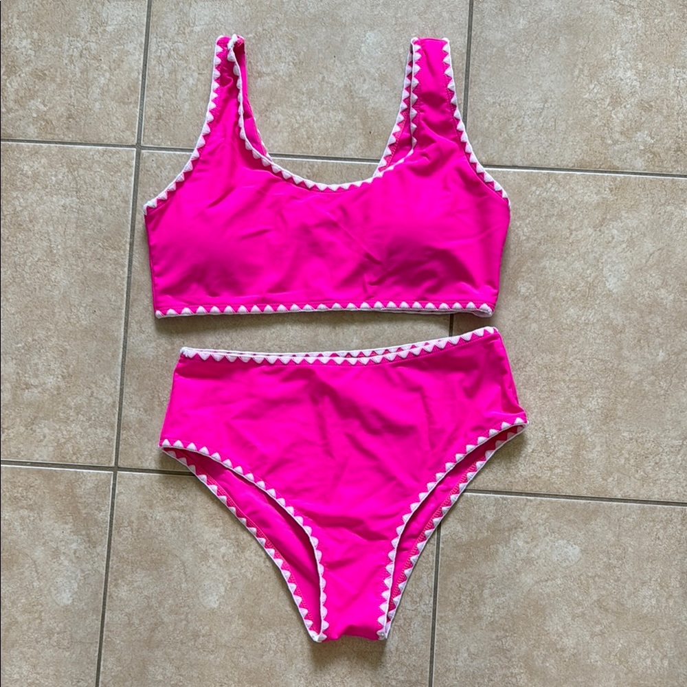 SHEIN Hot Pink High Waist Bikini with White Accents